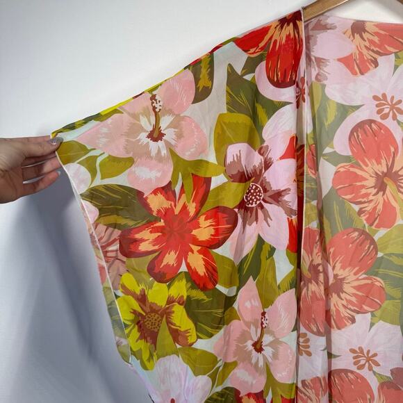 Tropical Kimono Women OS Orange Green Hawaiian Floral Short Sleeve Beach Pool - Picture 4 of 5